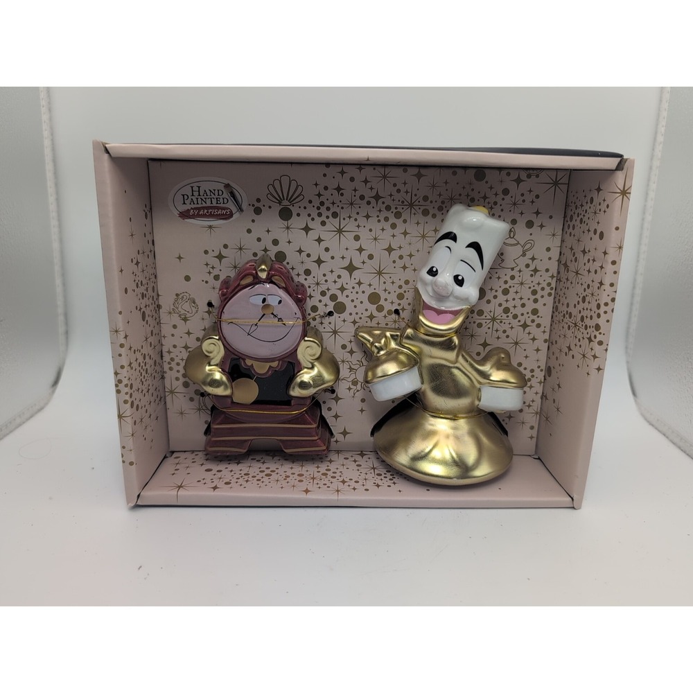 Disney Beauty & the Beast Cogsworth Clock Lumiere Salt & Pepper Shakers Set  NEW